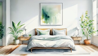 serene and minimalist white bedroom interior with soft natural light watercolor painting