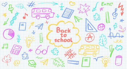 Charcoal school doodles on notebook sheet in a cage. Fun handdrawn icons for back to school themes. Cute childish education colorful pastel or wax pencil signs. Grunge vector classroom symbols