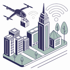Fototapeta premium Drone Delivery in Urban Cityscape with Skyscrapers and Trees