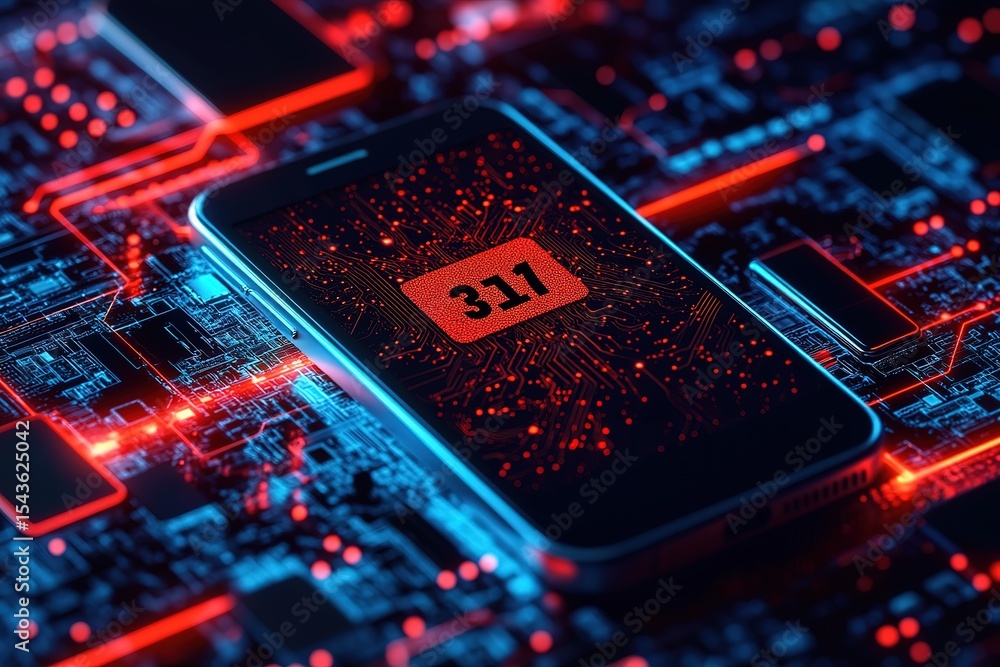 Poster smartphone screen displays 311 code on a glowing circuit board background, representing digital tech