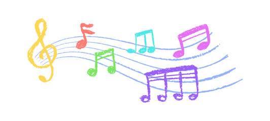 Vector of music notes in charcoal scribble texture. Handwritten pop style on white background with vibrant colors. Cute childish music kindergarden or school rainbow pastel or wax pencil signs
