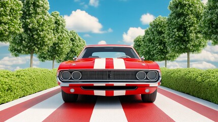 Classic Red and White Muscle Car on a Sunny Day