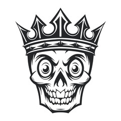 Monochrome King Skull Illustration: Vector drawing of a crowned skull with intricate line work for graphic design, tattoo design, or illustration use on white background.