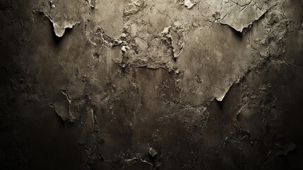 A textured wall with peeling paint and a rough surface. The colors are muted, featuring shades of brown and gray. The wall appears aged and weathered.