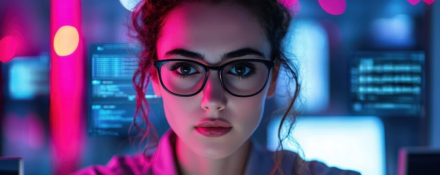 A focused woman with glasses working intensely in a futuristic, neon-lit tech environment.