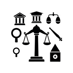 Collection of black silhouette icons representing law, justice, and the legal system, including courthouse, scales, and gavel symbols.