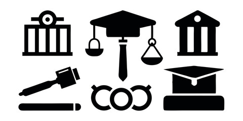 Conceptual illustration of the legal system and education, with vector icons for law school, justice, crime, and university degrees.