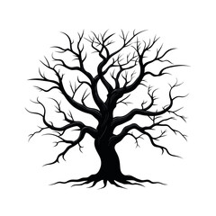 Obraz premium A striking black silhouette of an old, bare tree with gnarled branches, symbolizing nature, wisdom, and the cycle of life