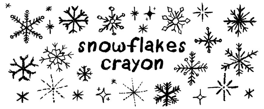 Christmas snowflake set with wax, black crayon or charcoal texture. Quirky chalkboard style, perfect for kindergarten Xmas crafts, cards and holiday designs. Vector illustration drawn as if by a child