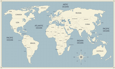 Vintage Style World Map Vector with Labeled Countries and Oceans for PowerPoint Presentations. SVG.