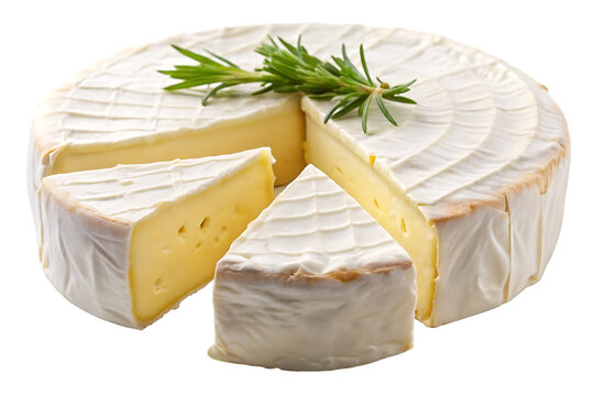 Round Brie Cheese Wheel Sliced with Rosemary Sprig Isolated on a transparent background camambert