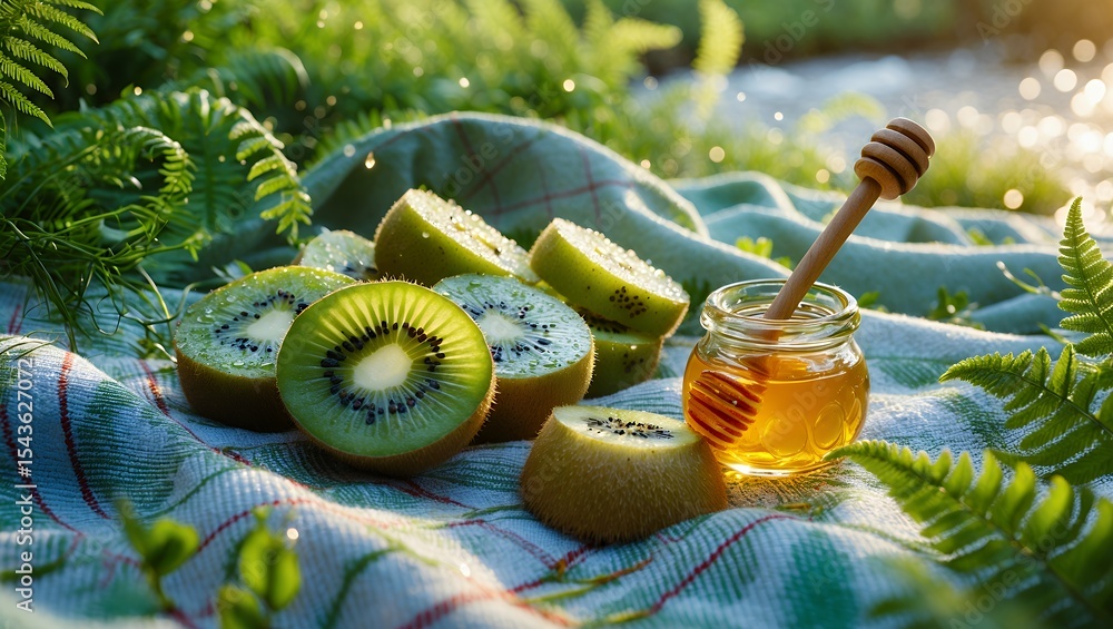 Poster kiwi slices with honey on picnic blanket in nature setting