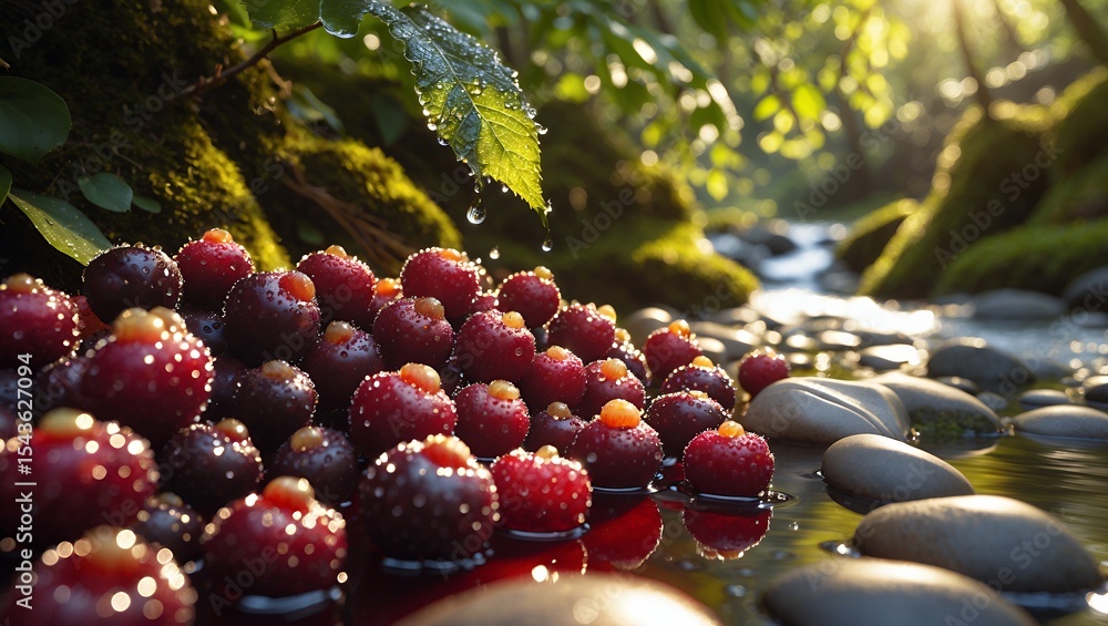 Poster cluster of berries floating in a stream with light filtering through