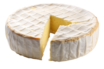 Round Brie Cheese with a Slice Removed Showing Pale Yellow Interior Creamy White Rind Isolated on a transparent background