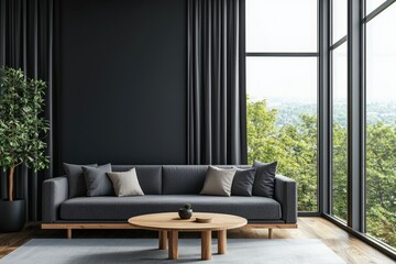 Bright modern living room with black wall, gray sofa, round wooden table, floor-to-ceiling windows, and green outdoor view, ideal for real estate, design, and decor content