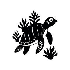 Naklejka premium Sea Turtle Silhouette with Coral Reef Elegant Black and White Ocean Animal Illustration