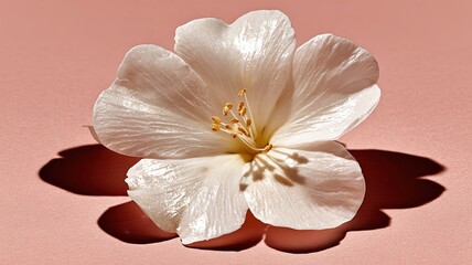 White flower on pink background, minimalist floral elegance and delicate beauty