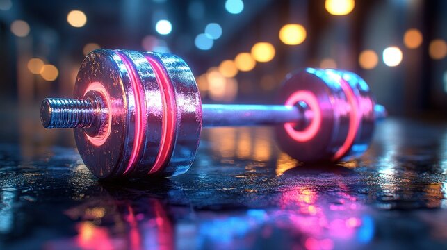 Futuristic dumbbell on wet floor