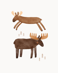 Nursery Vector Art with Cute Moos.Funny Hand Drawn Print with Cartoon of Moose on a White Background.Woodlan Animal.Infantile Drawing-like Funny Bucks.