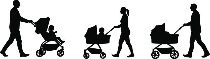 Silhouettes of parents walking with baby stroller, child in pram, mom and dad pushing carriage, family care concept, isolated black vector illustration for parenting design