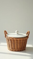 Stylish white-lidded wicker basket; rich leather handles , summer, white, cream