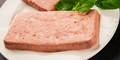 Pate meat peppers pork liver, pork meat riyet fresh delicious gourmet food background on the table rustic food top view copy space