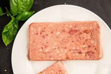 Pate meat peppers pork liver, pork meat riyet fresh delicious gourmet food background on the table...