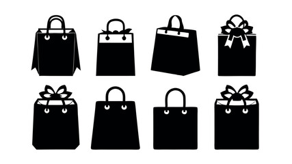 Collection of Eight Black and White Shopping Bag Icons Versatile Designs for Retail, E-commerce, and Branding