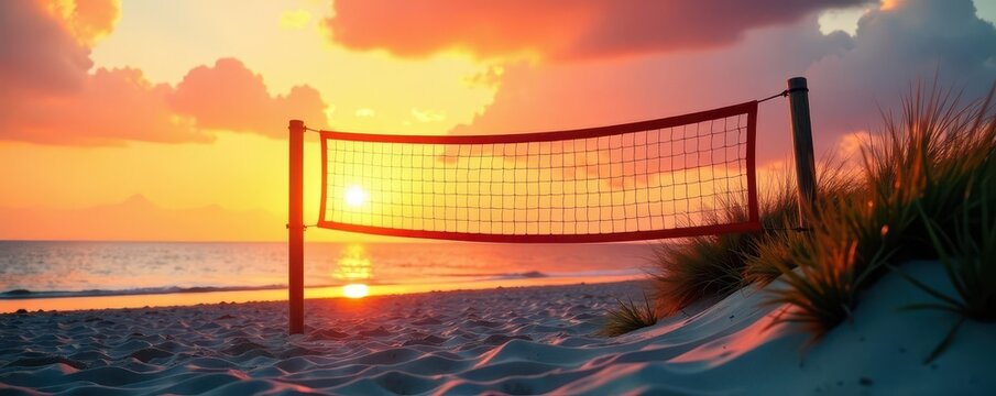 Beach volleyball net stands on soft sand, vibrant sunset hues behind lush grass, competition, sports