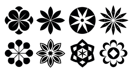 Collection of Eight Unique Black and White Floral and Geometric Mandala Designs Perfect for Logos, Prints, and Digital Art Projects