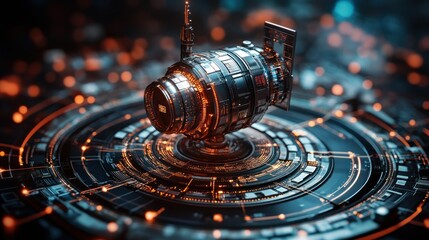 Futuristic technological device hovering above a circular interface