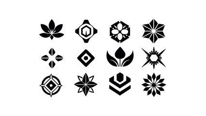 Fototapeta premium Collection of 12 Unique Black and White Geometric Floral and Nature Inspired Vector Logos, Perfect for Branding and Design Projects