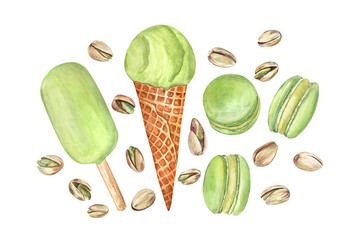Watercolor clip art with pistachios, pistachio ice cream and macarons. Colorful food illustration for cafe and bakery decoration, scrapbooking, stickers, packaging, and more