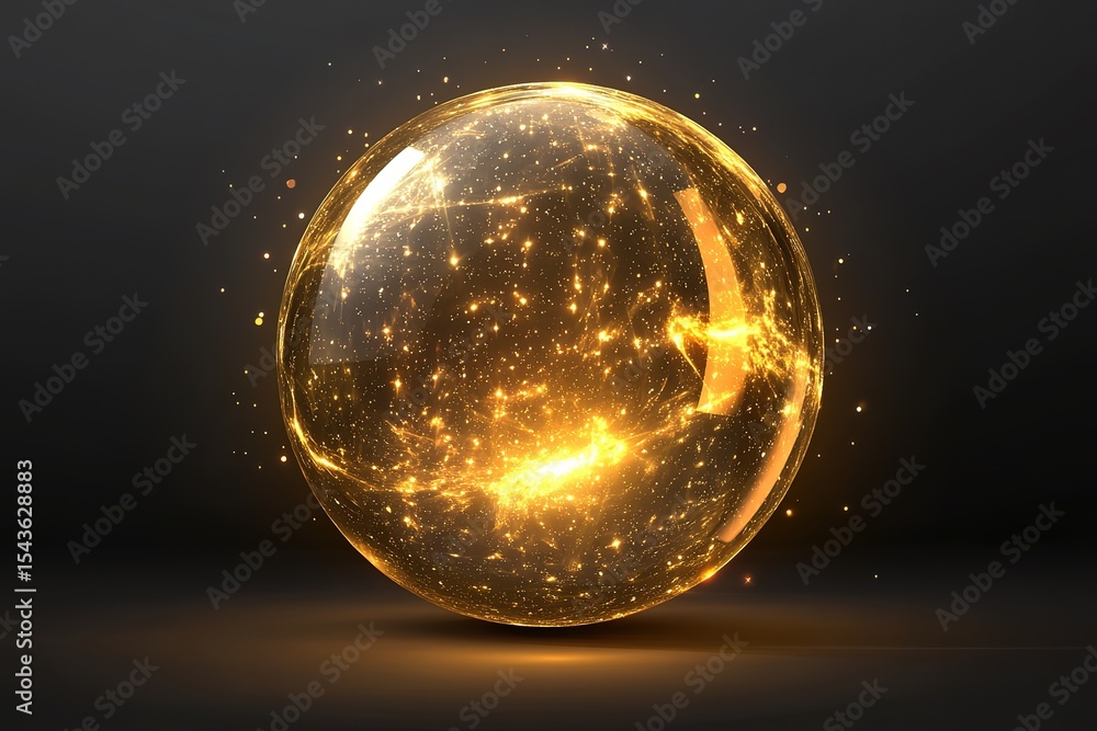 Poster glowing golden sphere with internal light and particles, abstract background image