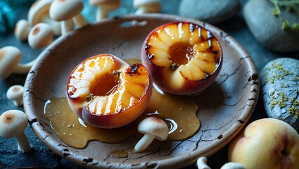 Grilled Peach Halves with Syrup on Plate Surrounded by Mushrooms