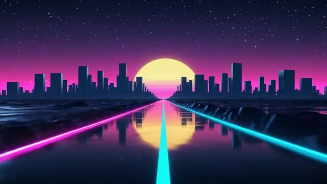 Shimmering neon glow guiding pink cyan roadway in retro cityscape toward sunset under starry sky
