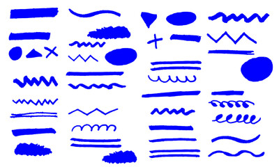 青色の手描きマーカー風ラインと手描きイラストセット