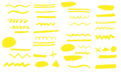 黄色の手描きマーカー風ラインと手描きイラストセット