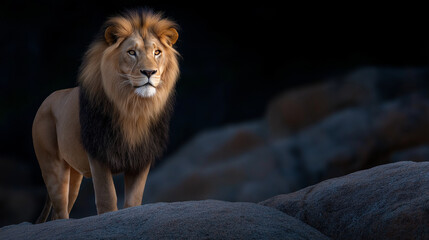 Fototapeta premium Majestic lion in gentle light with powerful stance