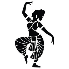 woman in Classical temple dance pose, a stylized, black-and-white silhouette of an Indian woman dancing.