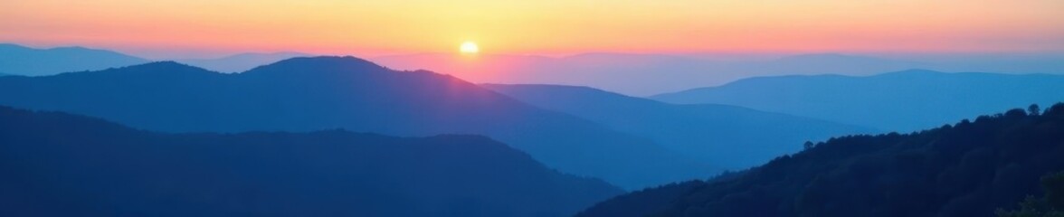 Fototapeta premium Soft, rolling hills at dawn, hazy blue silhouette, silhouette, crest