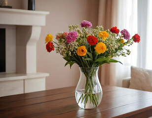 Beautiful flowers in a vase on a wooden table for decoration in the living room, colorful flowers, bouquet of flowers
