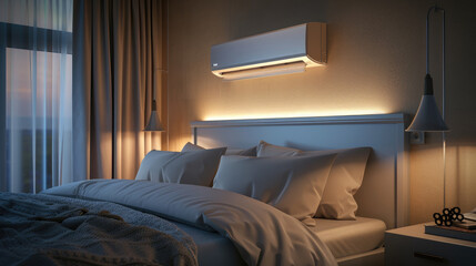 Cozy Bedroom Interior with Modern Air Conditioner and Soft Lighting for a Comfortable and Relaxing Atmosphere at Night