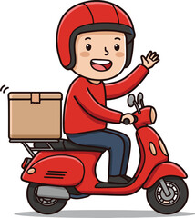 Red uniform courier smiling and riding scooter