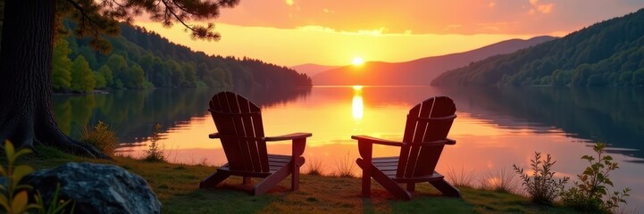 Two rustic chairs facing sunset over still lake water, solitude, escape