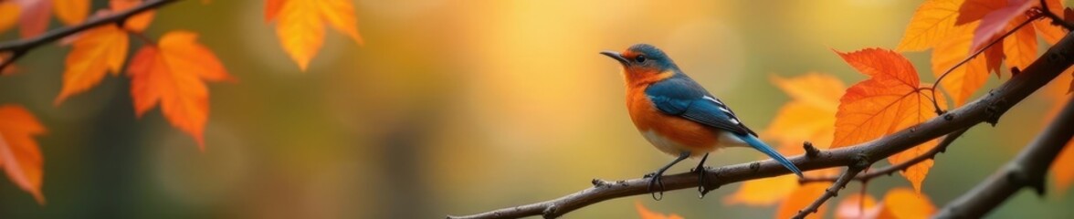 Obraz premium Vibrant bird on autumn branch, colorful leaves , red, leaves, autumn