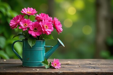 Vibrant blooms, trowel, shears, watering can on rustic wood , equipment, spring
