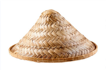 traditional caping hat made of woven rattan in a wide cone shape, used by farmers to protect themselves from heat and rain.