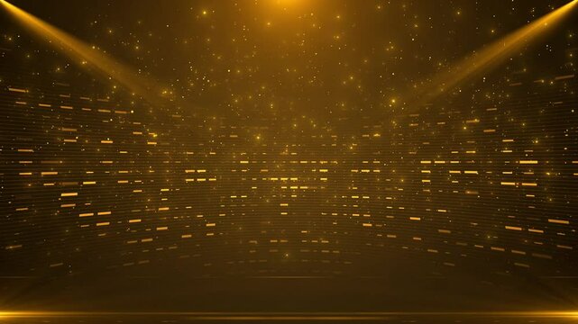 Futuristic Golden pixel tunnel, abstract glowing grid animation, dynamic tech background for music visuals, motion graphics, sci-fi openers, events, award ceremony event, Digital Art, event festival,