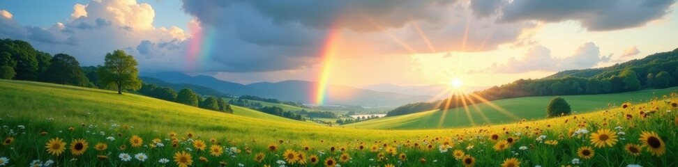Vibrant rainbows arch over rolling hills, lush meadow , bright, majestic